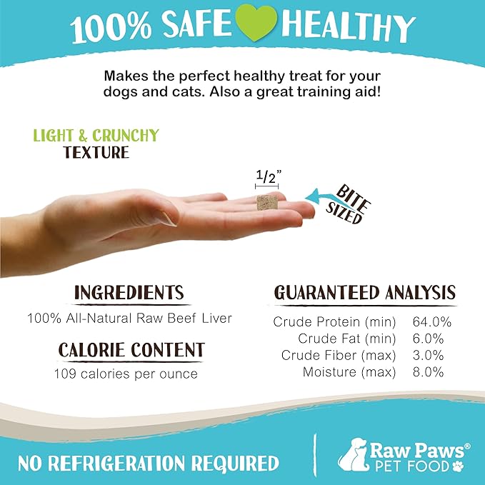 Raw Paws Freeze Dried Beef Liver Dog & Cat Treats (8-Ounce) - Made in USA - Small Liver Bites - Training & Diabetic Dog Treats