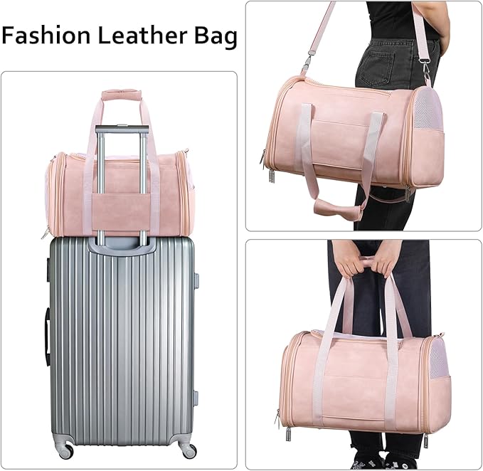 Fashion Leather Dog Carrier Cat Carrier Airline Approved Pet Carrier for Small Medium Dogs Cats Under 15Lbs, Collapsible Soft Sided Travel Puppy Carrier Pink