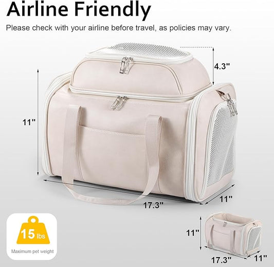 Premium Leather Top Expandable Pet Carrier for Small Dogs & Cats Under 15 lbs, Airline Approved Collapsible Soft-Sided Luxury Travel Bag Beige
