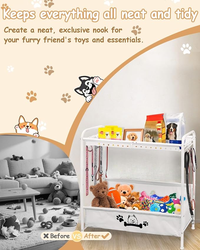 Large Dog Toy Basket,Dog Toy Bin with Storage Organizer,2-Tier Dogs Toys Box for Living Room,Dogs Cat Accessories Organizer,Durable Toys Holder Chest for Leashes