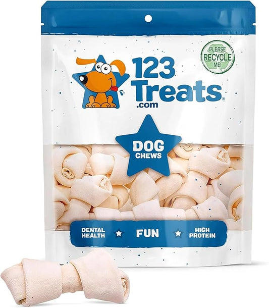 123 Treats Dog Rawhide Bones: Rawhide Bones Chews 3-4" Premium Raw Hide Dog Bone, Free Range Grass Fed Cattle with No Hormones, Additives or Chemicals, Tasty Long Lasting Chews for Dogs, Pack of 15