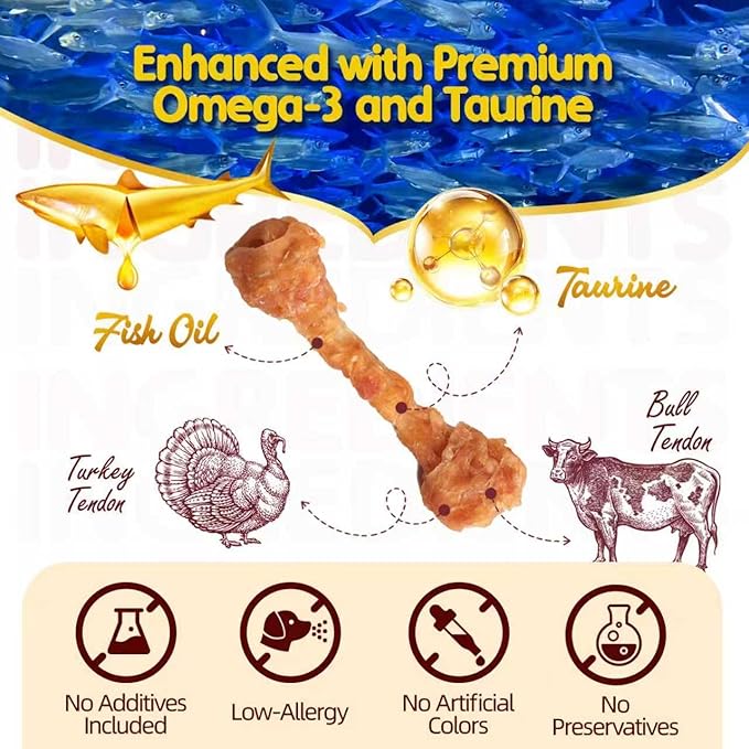 TailParty Turkey Tendons for Dogs with Fish Oil & Taurine: 8oz Small Dog Healthy Treats, All Natural Dental Chew Bones, Long-Lasting Training-Reward Snacks for Health-Conscious Pet Owners(S)
