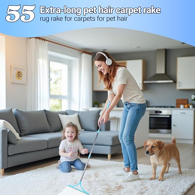 3 in 1 Carpet Rake for Pet Hair Removal 55" Long for Pet Hair,Cat Hair Remover with 3 Modes Adjustable Handle,Reusable Pet Hair Remover Deep Hair Cleaner Remover Tool for Rugs, Mats, Couch, Furniture
