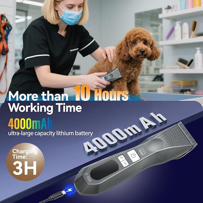 Cordless Dog Grooming Clippers More Than 10H Run Time 3-Speed Professional Pet Clippers for Grooming Heavy Duty Thick Hair Detachable Carbonized Steel Blade Low Noise