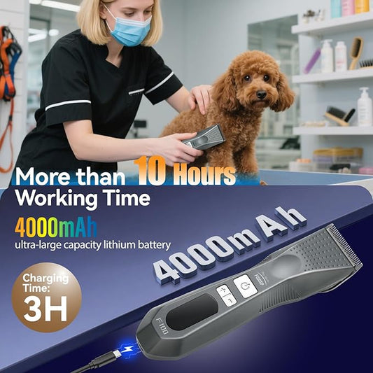 Cordless Dog Grooming Clippers More Than 10H Run Time 3-Speed Professional Pet Clippers for Grooming Heavy Duty Thick Hair Detachable Carbonized Steel Blade Low Noise