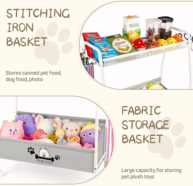 Liitrton Large Dog Toy Basket, Mobile Dog Toy Bin with Dog Organizer Storage Rack, 2-Tier Dog Toy Box for Living Room Area Holder Storage Dog Cat Accessories, Pet Leashes, Food & Clothes