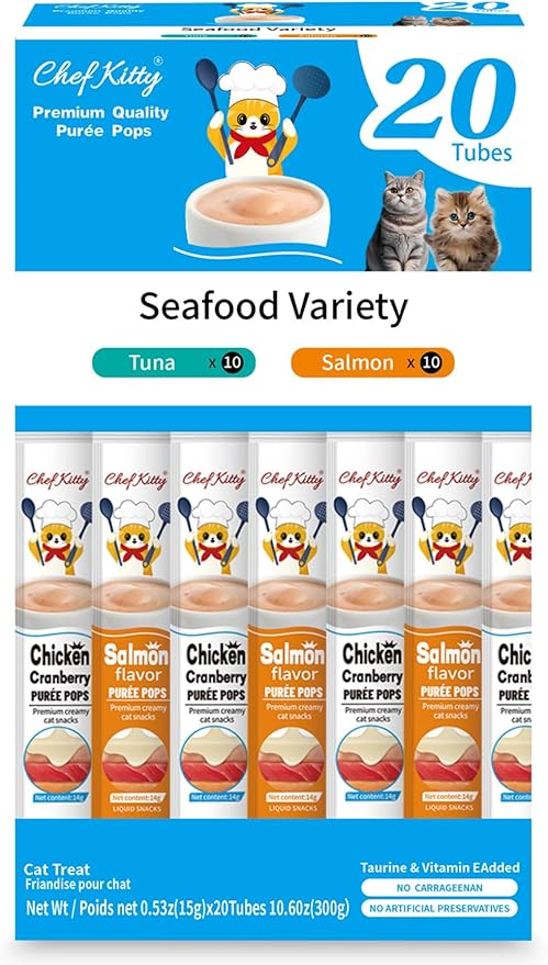 Purée Pops, Cat Treats, Grain-Free, Lickable, Squeezable Creamy Cat Treat/Topper with Vitamin E & Taurine, 0.5 Ounces Each Tube, 20 Tubes, Seafood Mix Variety