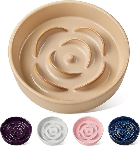 vancasso Slow Feeder Dog Bowl, 1.5 Cups Ceramic Slow Feeder for Medium Breed, Puzzle Maze Dog Food Bowl for Fast Eater, Khaki