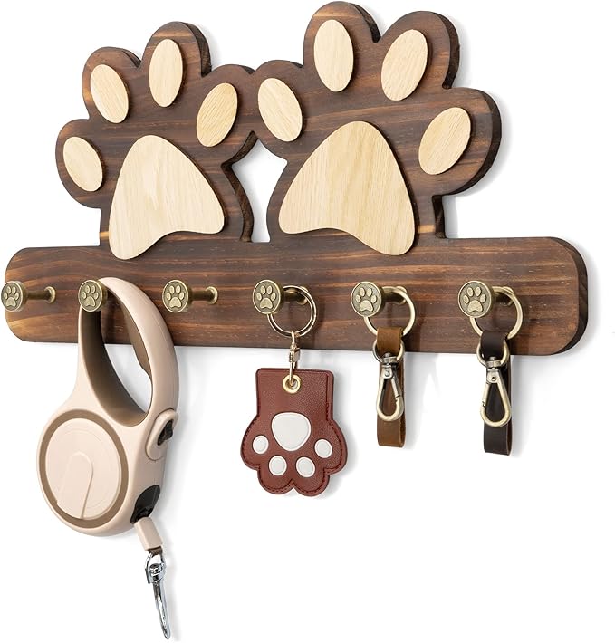 MTERSN Farmhouse Key Holder for Wall - Decorative Dog Leash Hanger Wall Mounted and Coat Rack with 6 Unique 3D Dogs Claw Hooks - Dog Accessories Organizer for Rustic Home Decor（Brown）