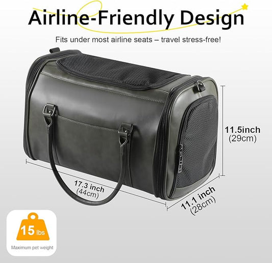 Stylish Leather Pet Carrier for Small Dogs and Cats Up to 15 lbs, Airline Approved Lightweight Travel Tote with Breathable Mesh and Shoulder Strap Green