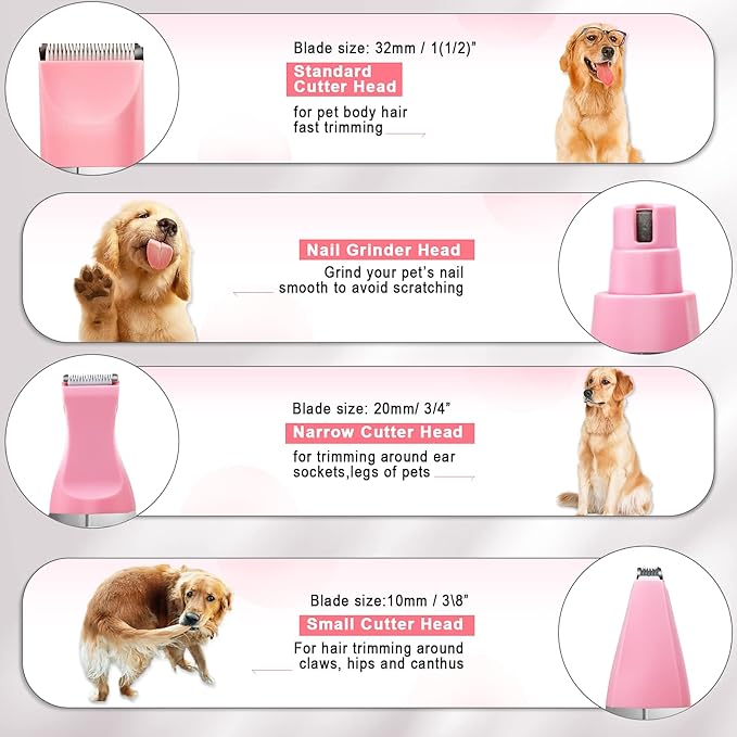 Dog Grooming Clippers Kit-Electric Rechargeable Cat Trimmer Tools-Cordless Quiet Pet Nail Paw Grinder-4 in 1 Multifunctional Low Noise Shaver-Razor for feet Face Ears Toenail Eye（Pink）