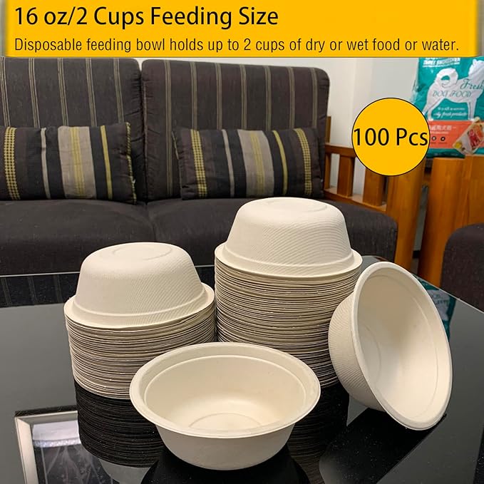 JETKONG 16 oz/2 Cup Disposable Dog Bowls 100pk, 100% Compostable Pets Feeding Bowls Paper Dog Travel Bowls Great for Dry and Wet Dog Food or Water (Natural, Pack of 100)