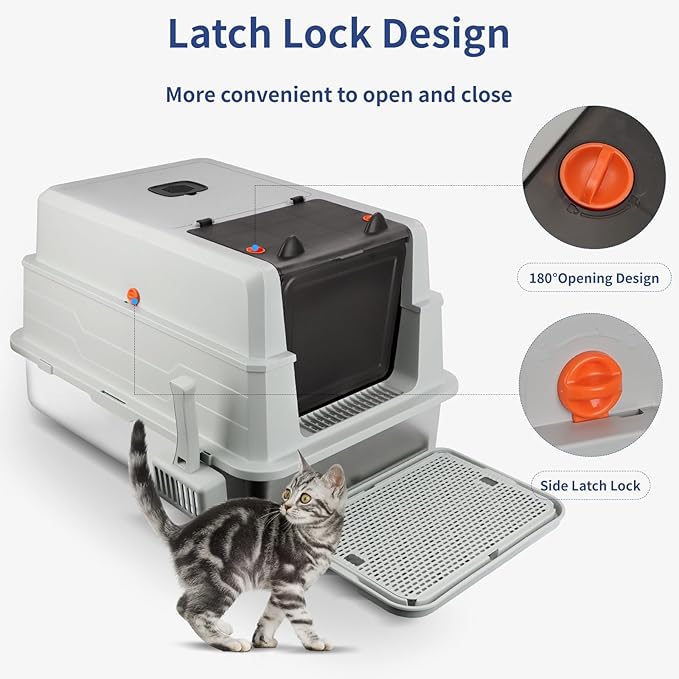 XXXL Stainless Steel Litter Box with Lid, Extra Large 28" L x 20" W x 17" H Enclosed Metal Cat Litter Box with Litter Scoop & Foot Pedal, Odor Control for Big Cats, Multiple Cats (Light Grey)