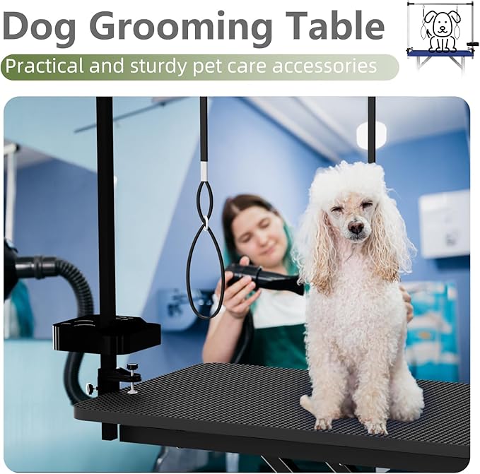 VFK 47" Adjustable Dog Grooming Table with Storage Box & Metal Basket Manual Height-Adjustable Black Pet Grooming Table for Dogs at Home Use, Waterproof Scratch-Resistant Surface, X-Frame Design