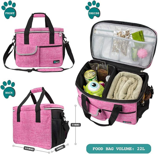 PetAmi Dog Travel Bag - Travel Pet Organizer with Food Container and Bowls, Perfect for Weekend Camping or Gifting - Pink, Medium