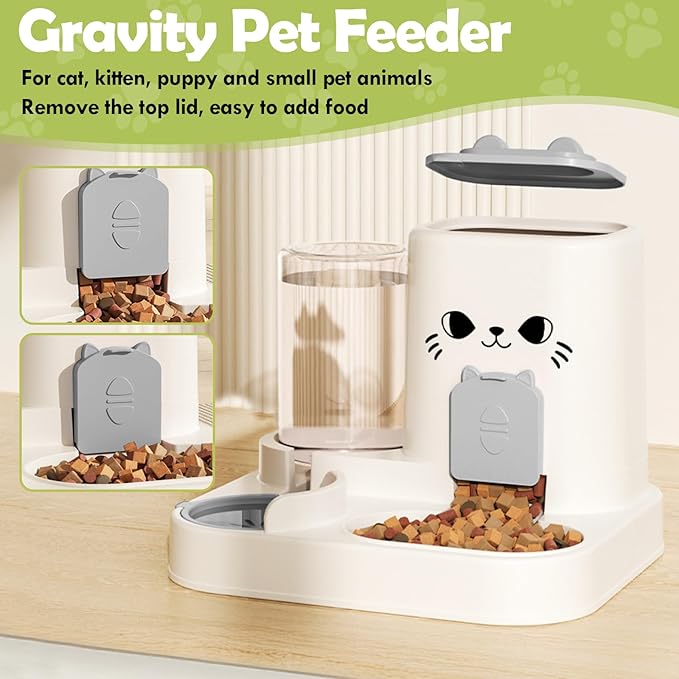 1.6L Auto Gravity Pet Feeder and 0.6L Water Dispenser Set, Automatic Cat Food and Water Dispenser, Gravity Pet Feeder for Small Medium Dog Puppy Cat Kitten (Gray)