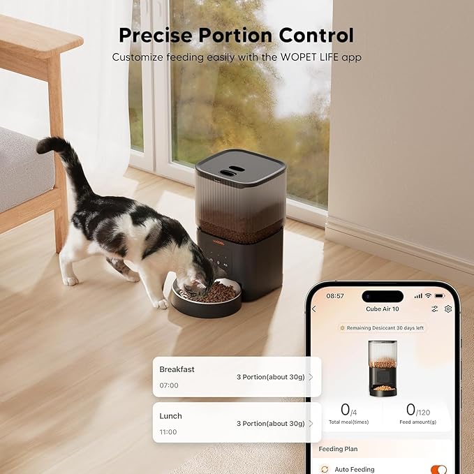 WOPET Automatic Cat Feeder, 5G WiFi Smart Pet Feeder for Dogs and Cats with APP Control, Low Food Sensor, 10s Voice Recorder, Up to 10 Meals Daily, Dual Power Supply, Timed Dog Food Dispenser