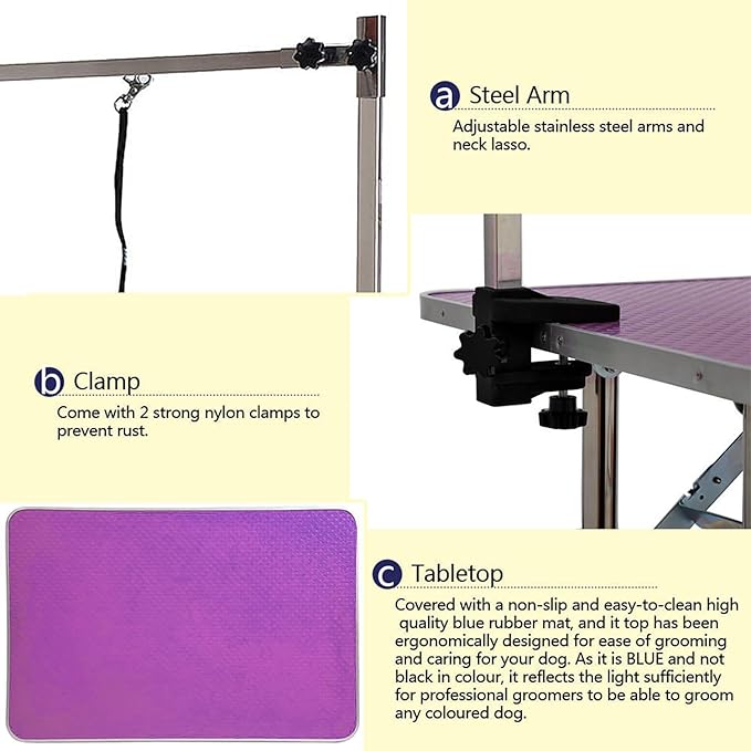 Pet Grooming Table, 46" Adjustable Height Dog Grooming Table with H-Type Arm & Stainless Steel Legs, Non-Slip E1 Grade Top, Tool-Free Folding, Portable for Professional & Home Use (Purple, 46inch)