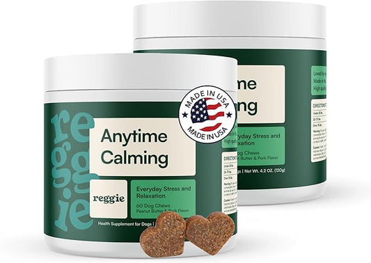 Reggie Anytime Calming Chews for Dogs | Natural Anxiety Relief with L-Theanine & Magnolia Barks | Calming Dog Treats for Separation Anxiety, Thunderstorms, Travel & Stress | 120 Soft Chews
