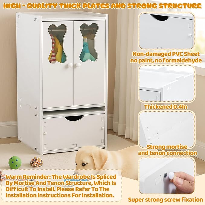 22.84 x 12.99 x 12.6 Inch Pet Wardrobe Closet Dog Toy Clothes Storage Organizer with Doors and Telescopic Hanging Rod Combinable Drawers Closet Rack for Small Dog Cat Toys Clothes Accessories