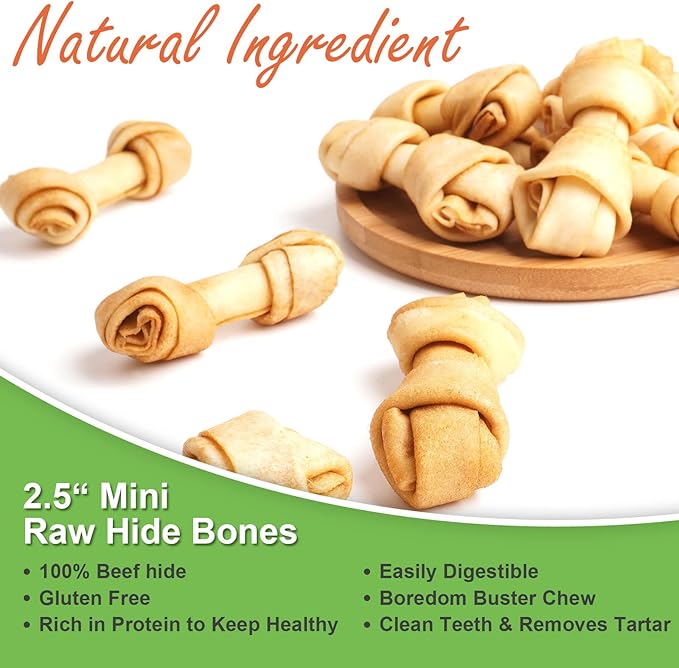 MON2SUN Dog Rawhide Knot Bones Small Rawhide Bones Mini Chews Chicken Flavour 2.5 Inch 60 Count for Puppy and Small Dogs