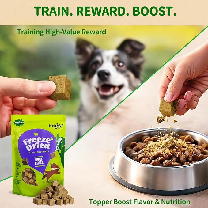 MAJOR PETS Freeze Dried Beef Liver Dog Treats - Single Ingredient - No Preservatives & High Protein - Premium Training Treats & Meal Topper - Made and Sourced in The USA - 7 oz Value Pack