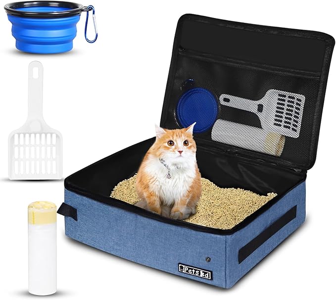Petskd Portable Cat Travel Litter Box with Lid and 10 pcs Disposable Liner Bags, Leak-Proof and Collapsible, Cat Travel Essentials for Car, Hotel, Airplane and Other Outdoor Use(Blue)