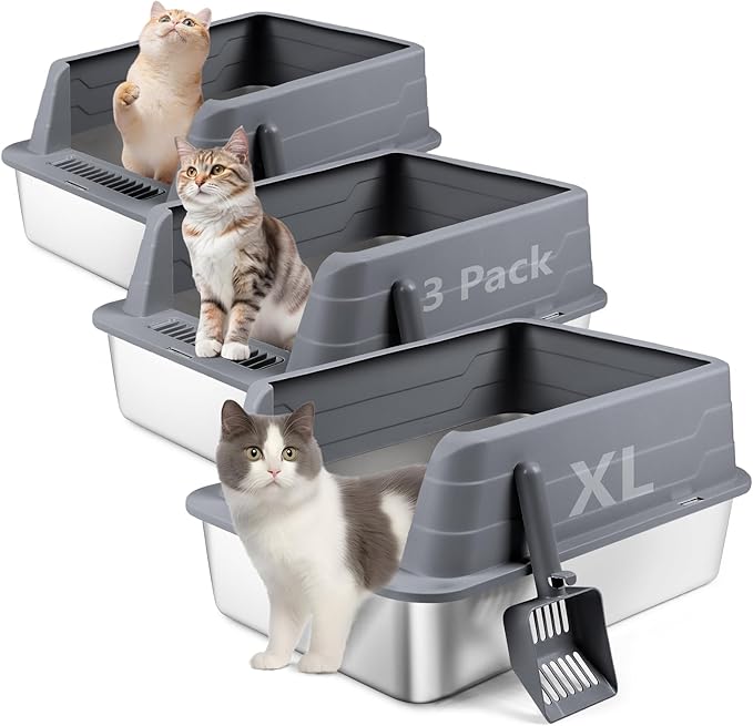 3 Pack Stainless Steel Litter Box, XL 22.9” x 15” x 10.3” High Sided Metal Cat Litter Tray with Scoop, Cat Litter Box for Anti-Splash, Non-Sticky, Easy to Clean (Dark Grey)