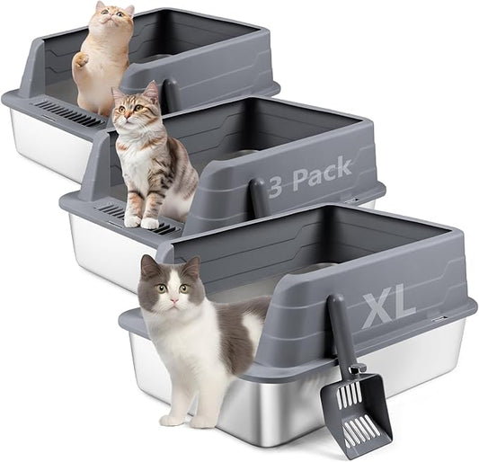 3 Pack Stainless Steel Litter Box, XL 22.9” x 15” x 10.3” High Sided Metal Cat Litter Tray with Scoop, Cat Litter Box for Anti-Splash, Non-Sticky, Easy to Clean (Dark Grey)