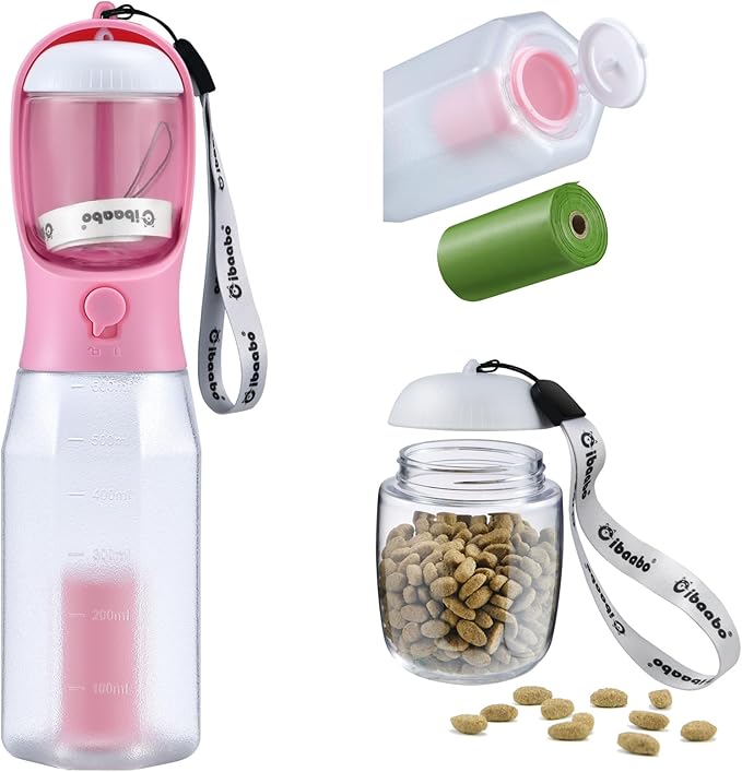 Dog Water Bottle with Food Container & Poop Bag Holder, Travel Water Bowl, Portable Pet Dispenser, Girl Dog Accessories Stuff Items Essentials Gift for Yorkie Chihuahua Walking Hiking