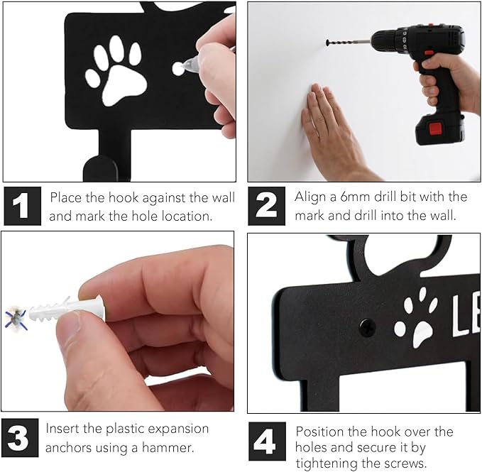 11 Inch 5-Hooks Heavy Duty Metal Dog Leash Holder for Wall - 1.5mm Thick, Rust Resistant with 4 Screws - Decorative Organizer for Collars, Leashes, Keys & Harnesses