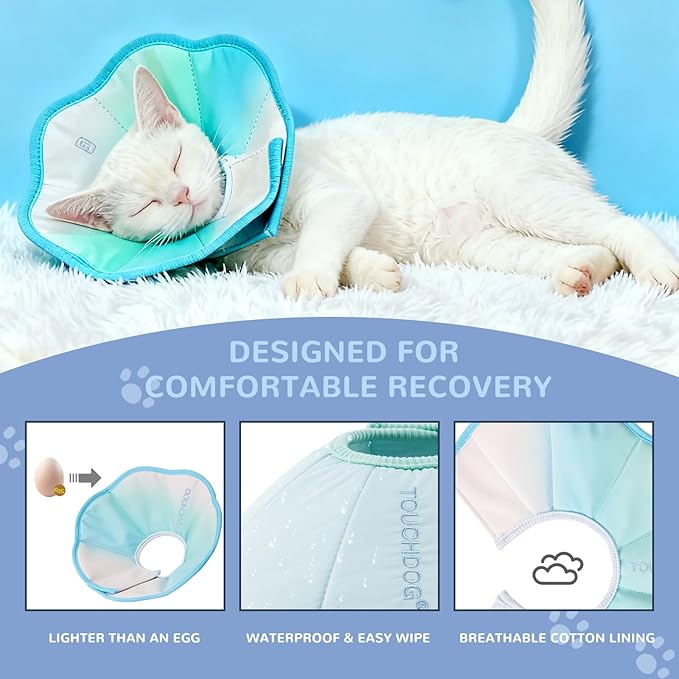 Touchdog Adjustable Soft Cat Cone Collar - Waterproof Recovery Collar for Cats After Surgery, Lightweight Elizabethan Collar for Kittens, Small to Large (Blue Gradient Color, L)