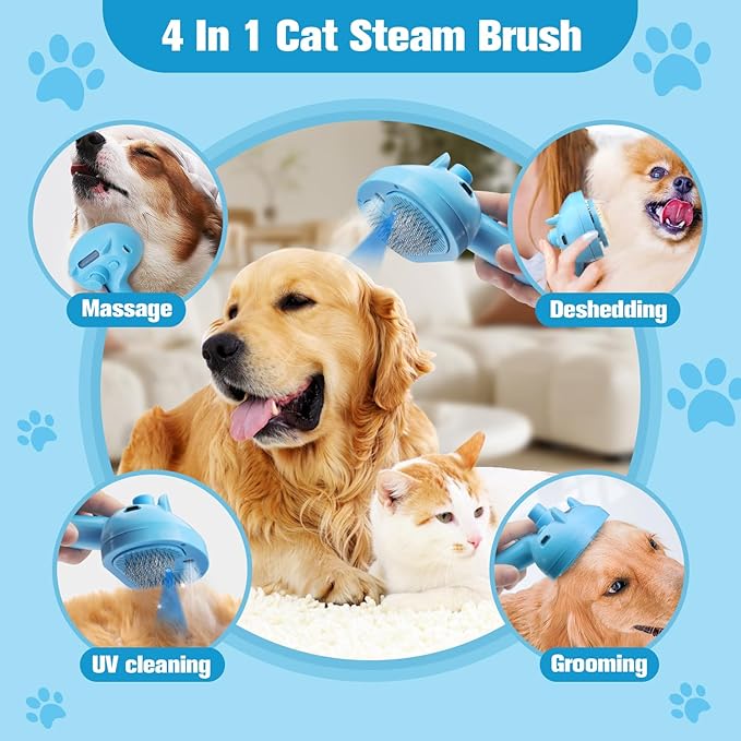 4-in-1 Pet Steam Brush for Dogs,Self-Cleaning Cat&Dog Brush for Shedding Long & Short Haired Dogs,Gentle Cat Steam Brushes for Indoor Cats with Spary Pet Hair Remover for Massage,Grooming Blue