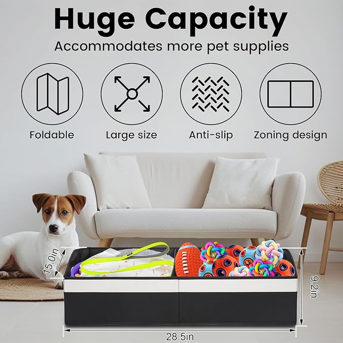Large Dog Toy Basket With Handle, Foldable Dog Toy Box for Living Room Area, 28.5" Basket for Dog Toys, Clothes, Organizers and Storage with Hard Board, Anti-slip for Pet Toys (Black, Large)