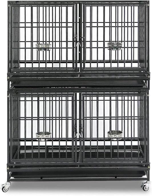 Homey Pet 43 inch Dog Crate Stackable Heavy Duty Dog Kennel Indoor Dog Grooming Cage with Detachable Divider, Removable Tray, Wheels, Feeding Bowls (2 Tiers)