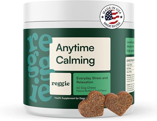 Reggie Anytime Calming Chews for Dogs | Natural Anxiety Relief with L-Theanine & Magnolia Barks | Calming Dog Treats for Separation Anxiety, Thunderstorms, Travel & Stress | 60 Soft Chews