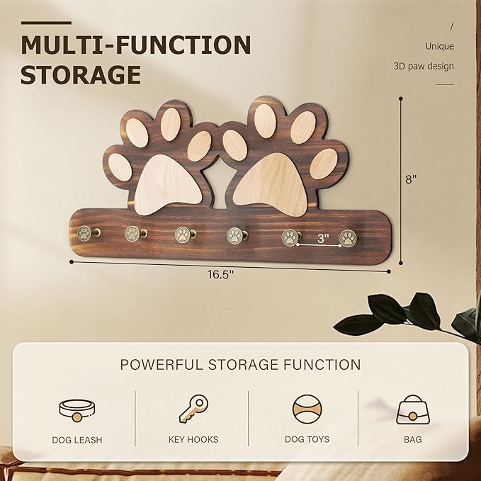 MTERSN Farmhouse Key Holder for Wall - Decorative Dog Leash Hanger Wall Mounted and Coat Rack with 6 Unique 3D Dogs Claw Hooks - Dog Accessories Organizer for Rustic Home Decor（Brown）