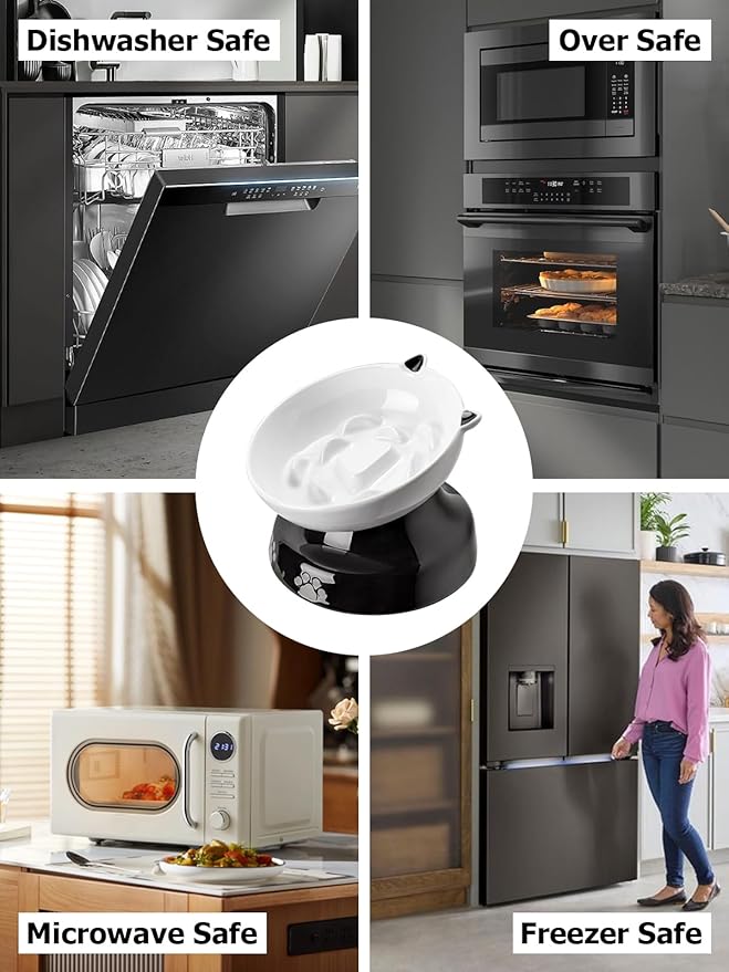 Y YHY Ceramic Cat Slow Feeder, Elevated Dog Food Bowl Tilted Design, Slow Feeder Bowl no Black Chin, Cat Shape for Dry and Wet Food