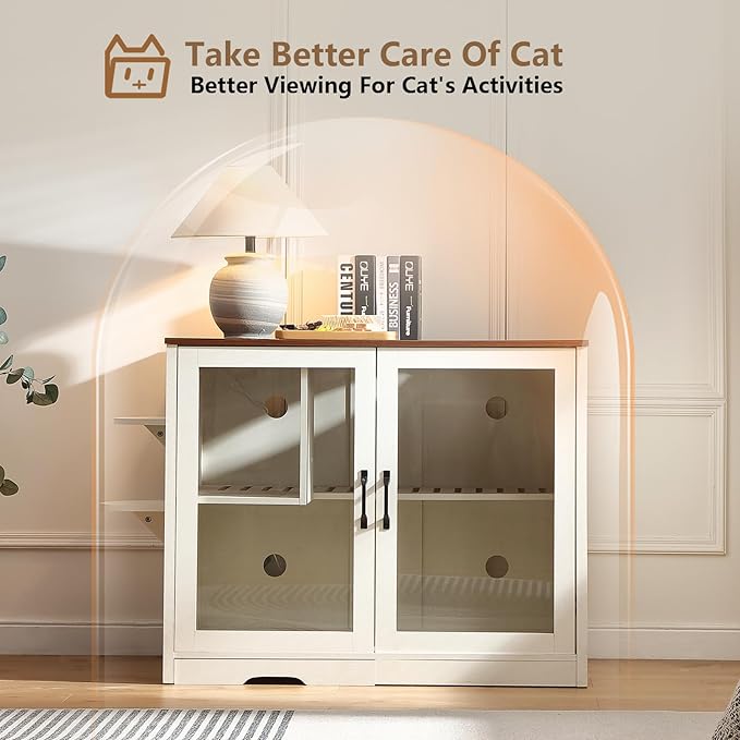 47.8'' Dog-Proof Large Cat Litter Box Enclosure with Super Convenient Litter Collector,Cat Litter Box Cabinet with Litter Leak Walkway and Glass Doors for Better View,White
