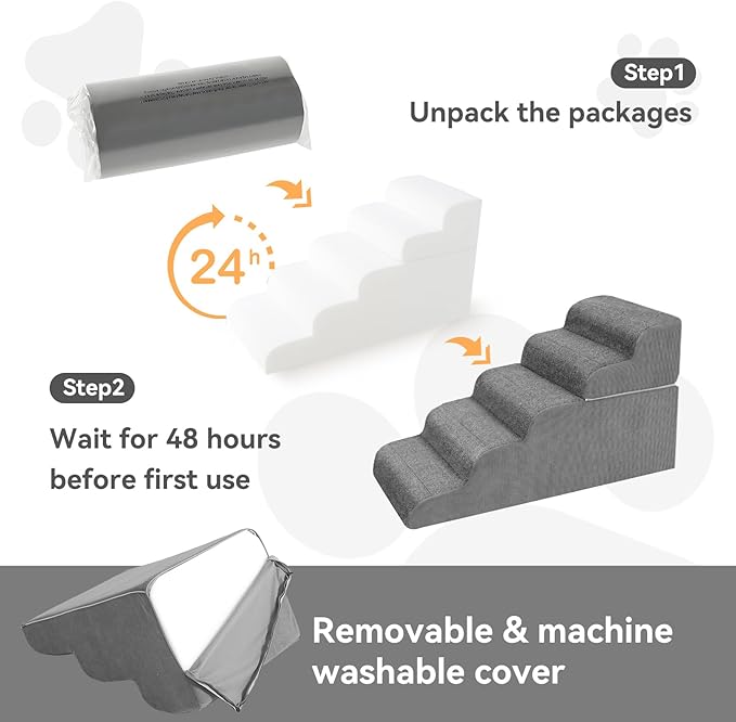 𝟱 𝗦𝘁𝗲𝗽𝘀 Dog Stairs for High Beds, 21.3" Tall Pet Steps for Small to Large Dogs & Cats, Waterproof with Removable Cover & PE Support Board for Bed, Couch, or Car