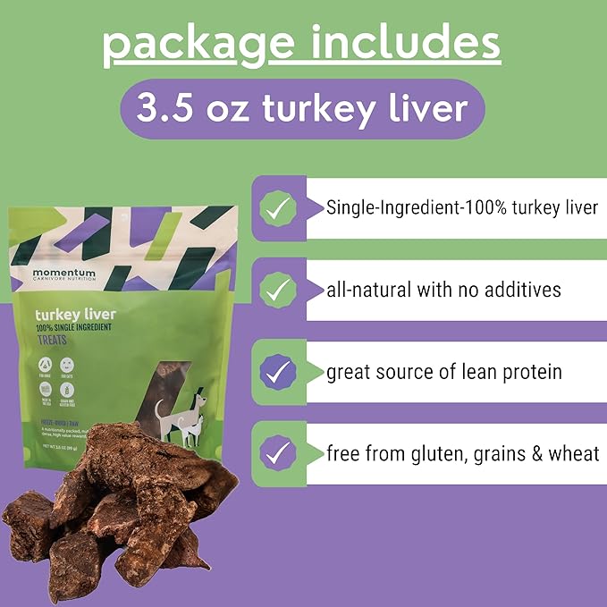 Momentum Carnivore Nutrition Freeze-Dried Turkey Liver Dog Treats – Single-Ingredient, Dog & Cat Treats – High-Protein, Grain-Free– 3.5 oz Bag