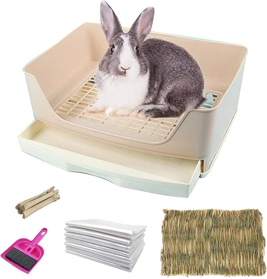 kathson Large Rabbit Litter Box with Drawer, Potty Trainer Corner Toilet Bigger Pet Pan Bunny Litter Box Tray with Grass Mat for Adult Guinea Pigs, Chinchilla, Hamster Ferret (Brown)