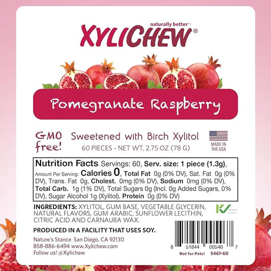 Xylichew 100% Xylitol Chewing Gum - Non GMO, Non Aspartame, Gluten Free, and Sugar Free Gum - Natural Oral Care, Relieves Bad Breath and Dry Mouth - Pomegranate Raspberry, 60 Count