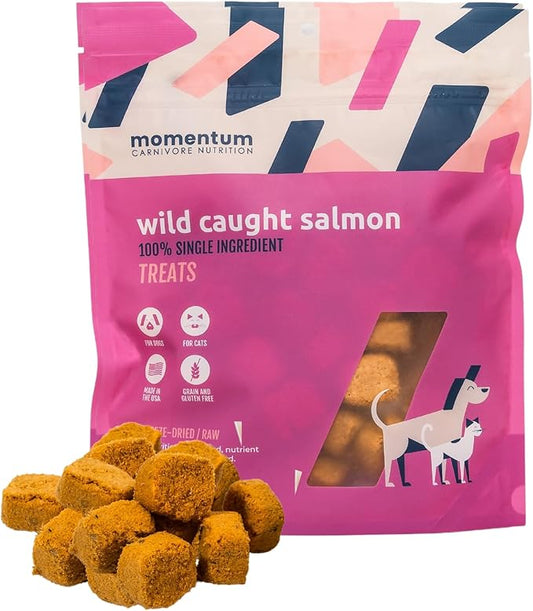 Momentum Carnivore Nutrition Wild-Caught Salmon Dog and Cat Treats - Freeze-Dried Raw - High Protein, Skin & Coat Support, Omega 3s - 3 oz Bag
