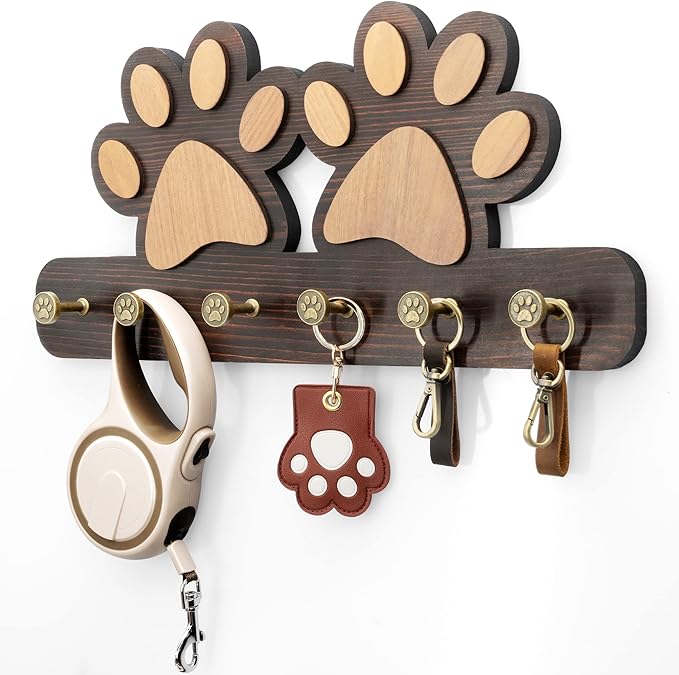 MTERSN Farmhouse Key Holder for Wall - Decorative Dog Leash Hanger Wall Mounted and Coat Rack with 6 Unique 3D Pet Claw Hooks - Dog Accessories Organizer for Rustic Home Decor (Dark Brown)