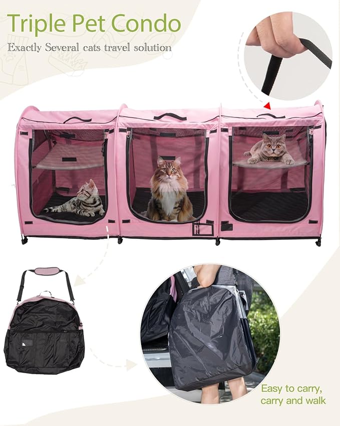 Portable Three Compartment Show House Cat Cage Condo - Easy to Fold & Carry Kennel - Comfy Puppy Home & Dog Travel Crate with Portable Carry Bag,2 Hammocks,3 Mats and Collapsible Litter Boxs