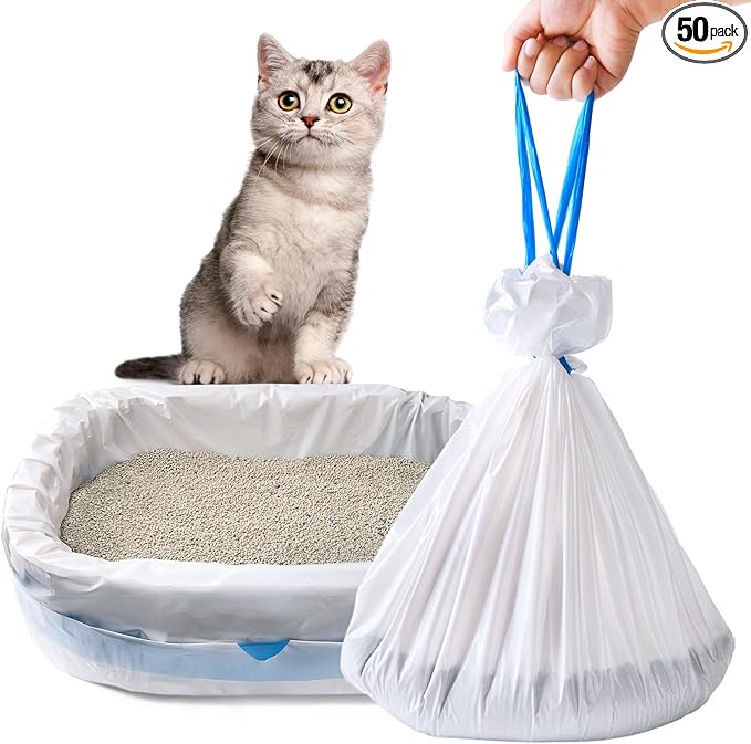 50 Count Cat Litter Liners Large 37x19" Jumbo Drawstring Litter Bags Extra-Thick Cat Litter Box Liners Heavy Duty Kitty Pan Liners for Easy Cleanup