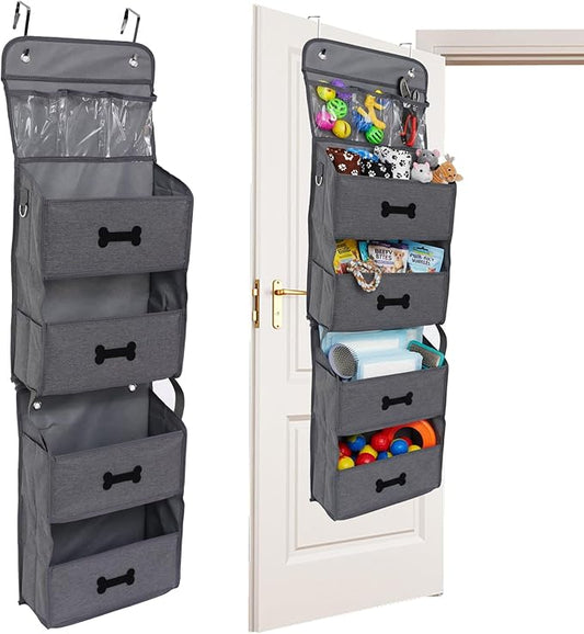 4-Shelf Dog Storage Organizer for Dog Toys,Over Door Basket for Pet Stuff with 2 Metal Hooks,4 Large Pockets for Dogs Leash,Harness,Toys,Treats-with DIY Tag-48''(Height)-Grey ﻿