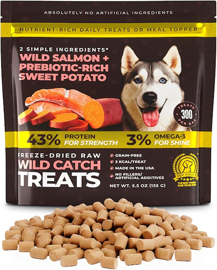 Wild Catch Treats – Freeze Dried Salmon & Sweet Potato Dog Treats – Single Protein, 43% Protein, 3% Omega-3 – Raw Training Treats & Meal Topper – Grain Free – 5.5 oz (300 Count)
