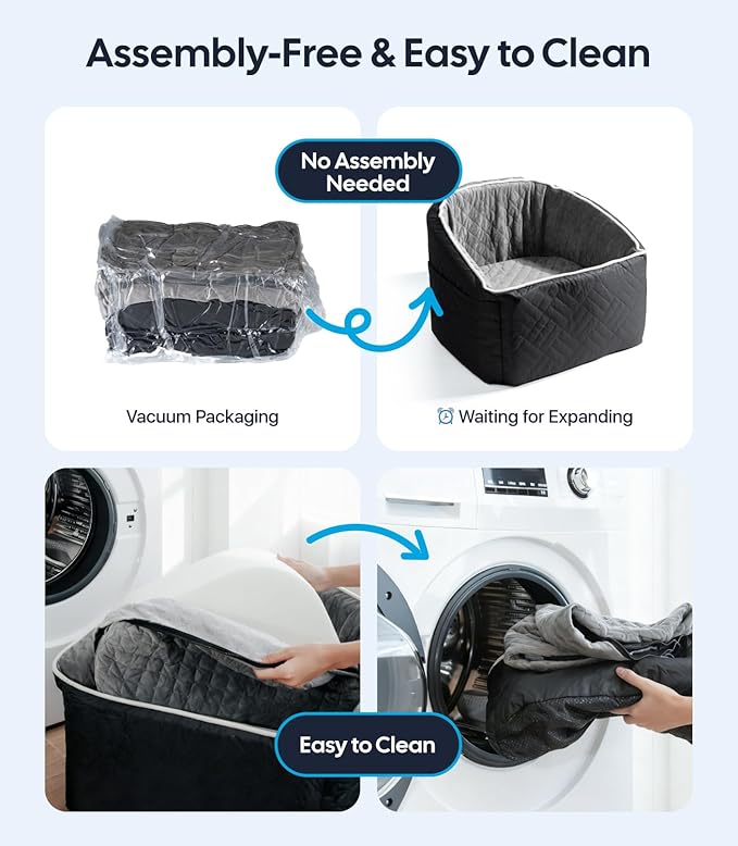 Wigoo Dog Booster Car Seat for Small & Medium Dogs up to 35 lbs, Elevated Pet Seat with Comfort Support, Detachable & Washable Cover, Storage Pockets, and Dog Safety Belt (Black/Grey)